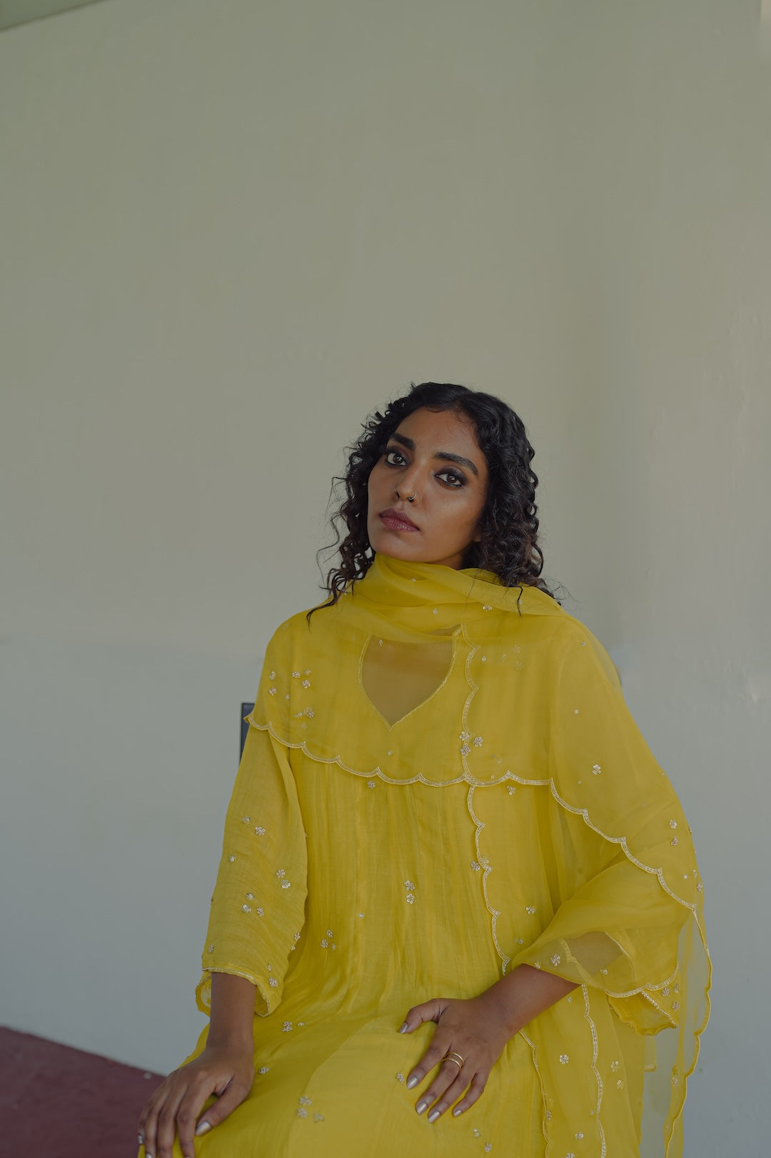 Yellow chanderi and organza kurta set - Zuleiha