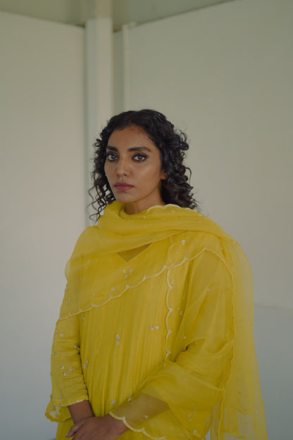 Yellow chanderi and organza kurta set - Zuleiha