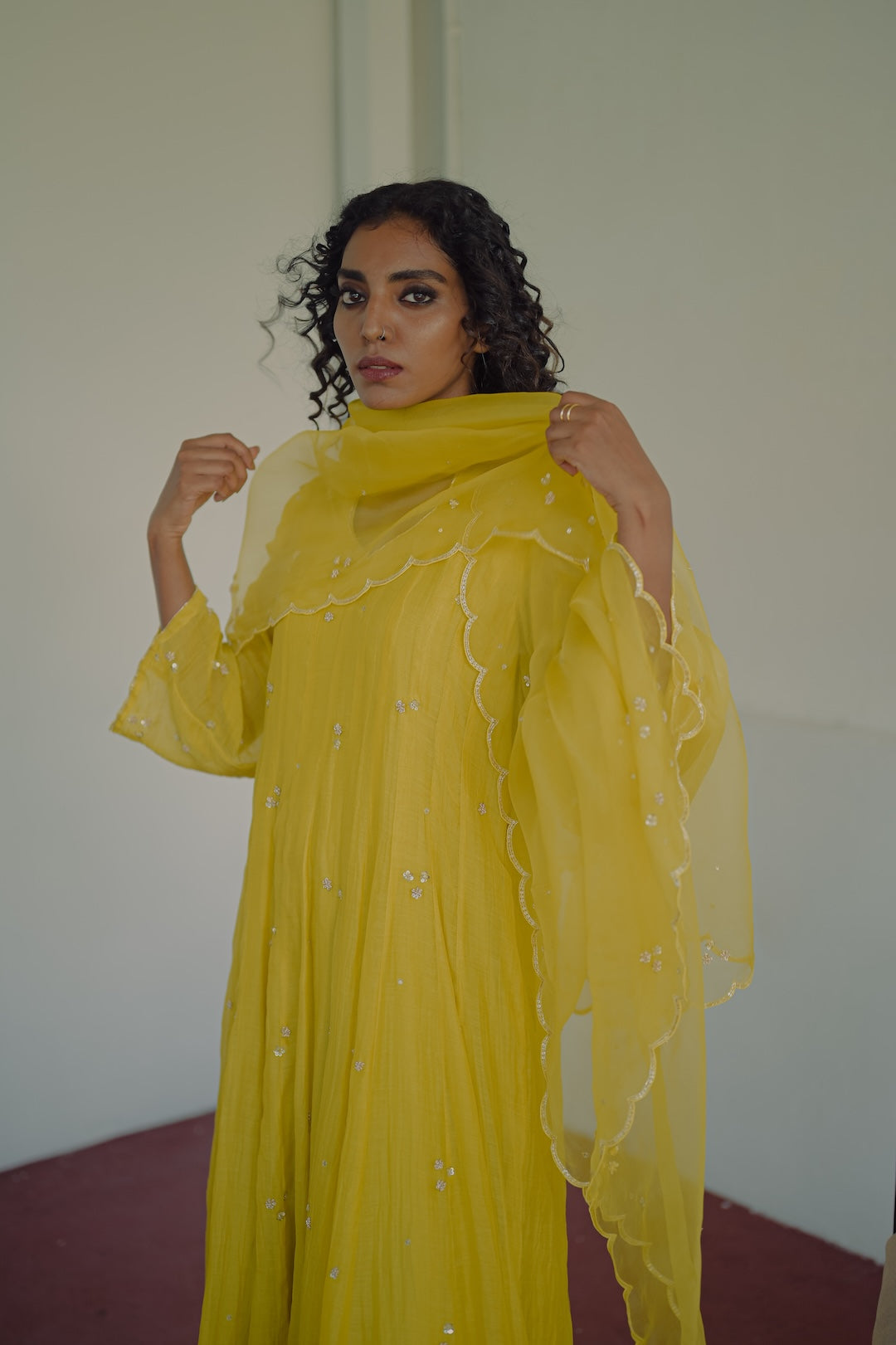 Yellow chanderi and organza kurta set - Zuleiha