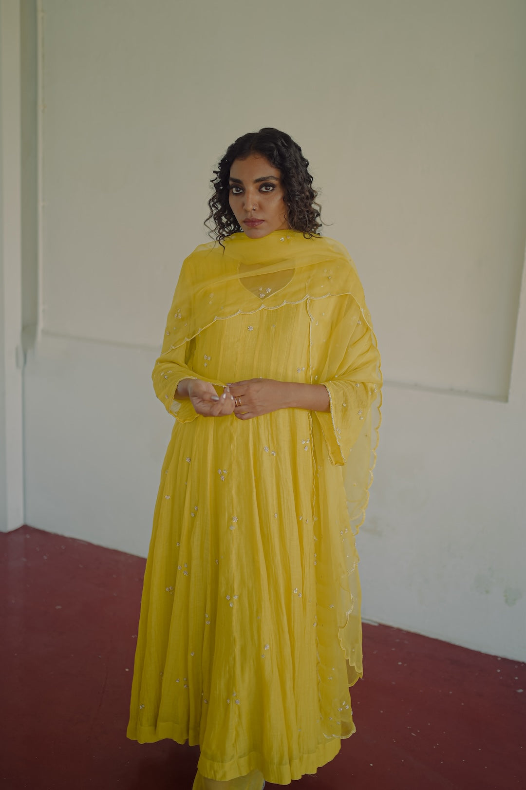 Yellow chanderi and organza kurta set - Zuleiha