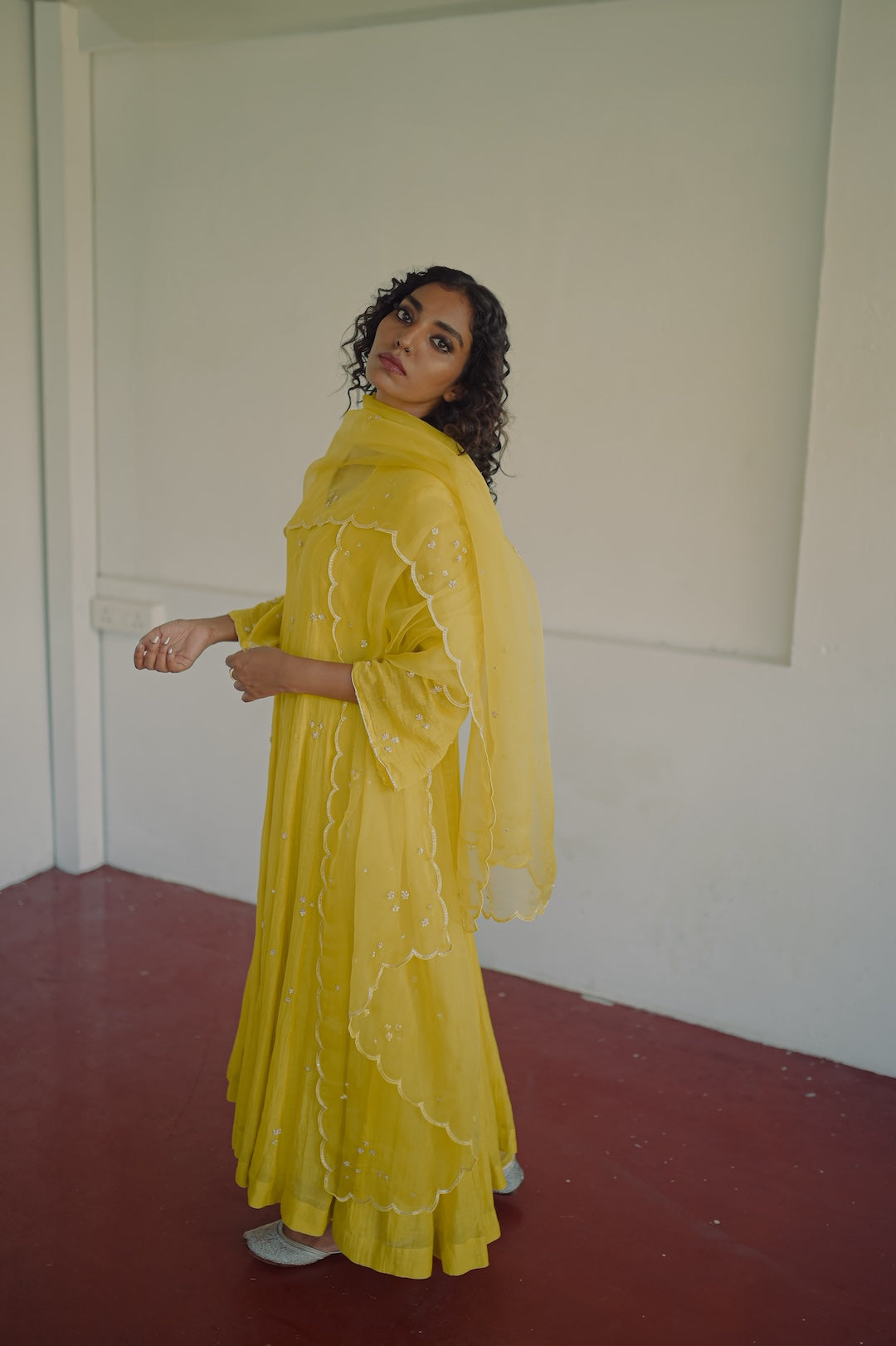 Yellow chanderi and organza kurta set - Zuleiha