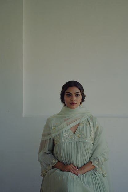 Powder Blue Chanderi and Organza Kurta Set - Zuleiha