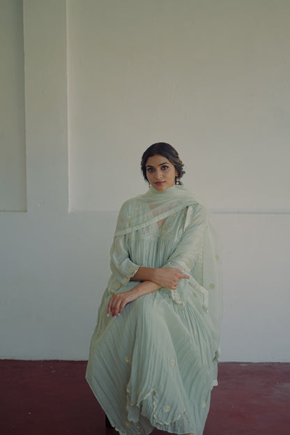 Powder Blue Chanderi and Organza Kurta Set - Zuleiha