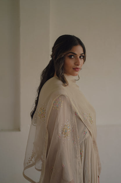 Ivory Chanderi and Organza kurta set - Zuleiha