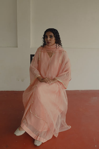 Peach Chanderi and Organza Kurta Set - Zuleiha