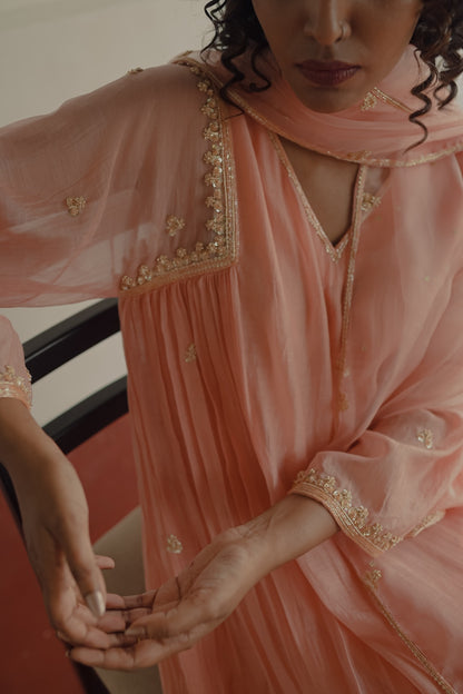 Peach Chanderi and Organza Kurta Set - Zuleiha