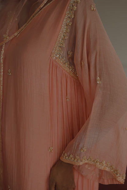 Peach Chanderi and Organza Kurta Set - Zuleiha