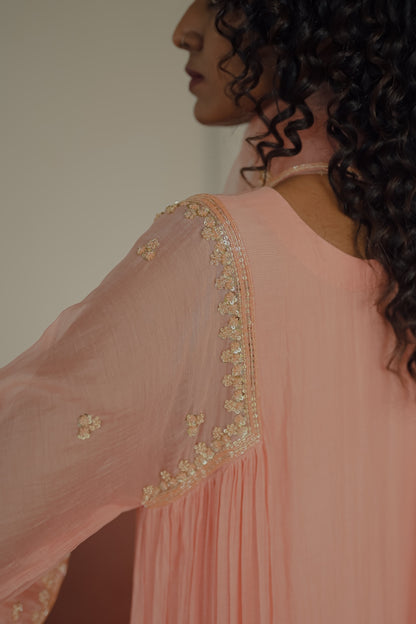 Peach Chanderi and Organza Kurta Set - Zuleiha