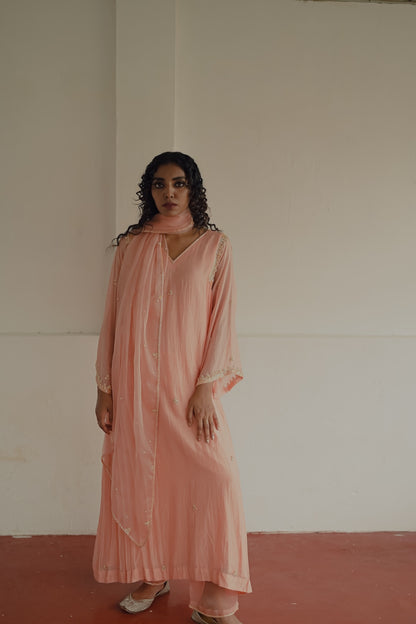 Peach Chanderi and Organza Kurta Set - Zuleiha