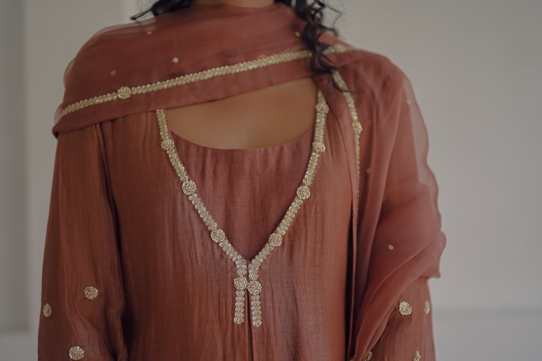 Brown Chanderi and Organza Kurta  Set - Zuleiha