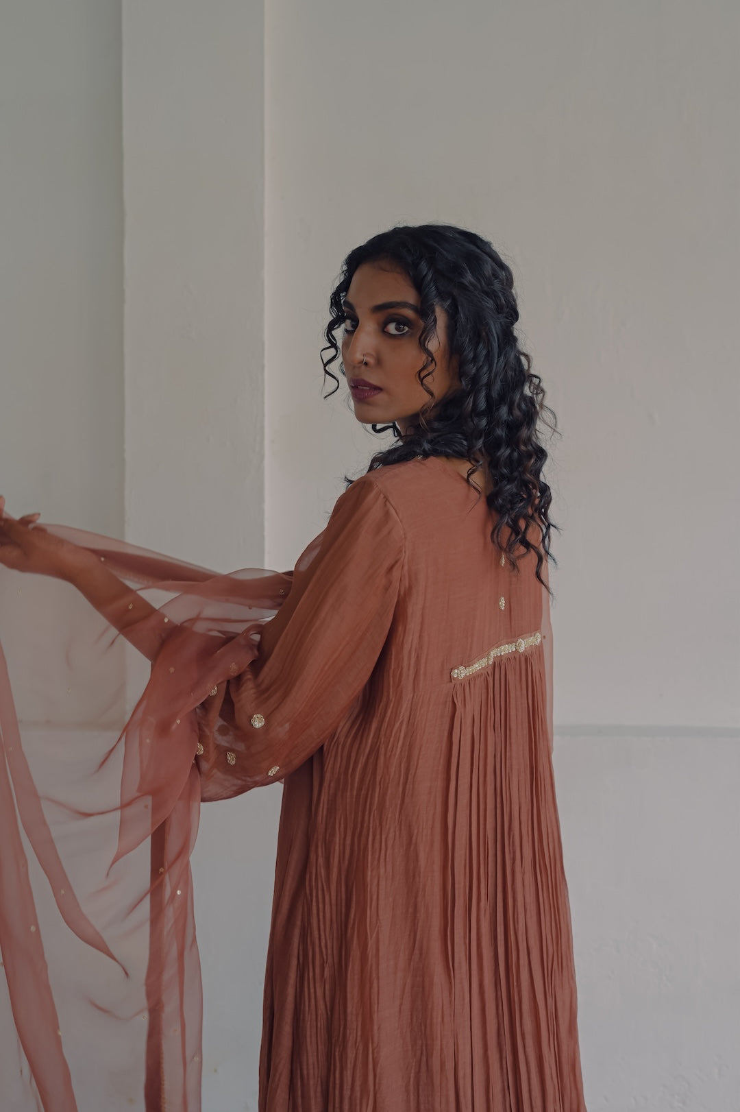Brown Chanderi and Organza Kurta  Set - Zuleiha
