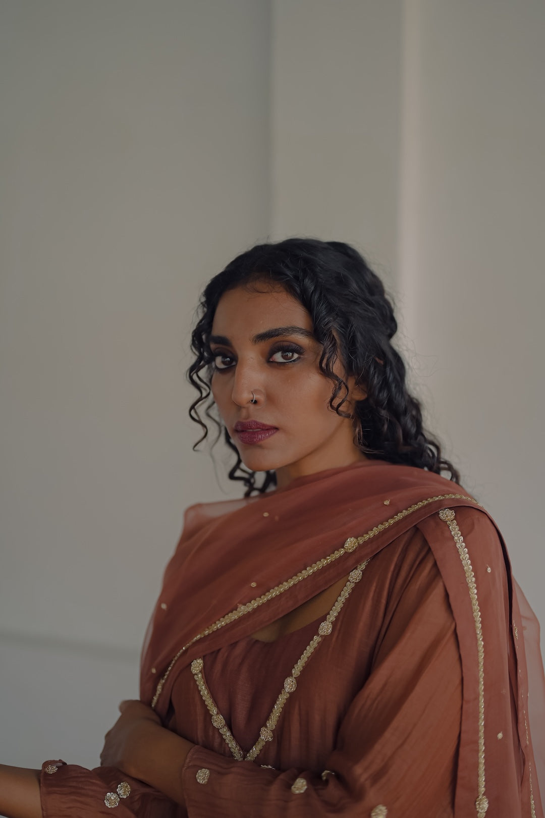 Brown Chanderi and Organza Kurta  Set - Zuleiha