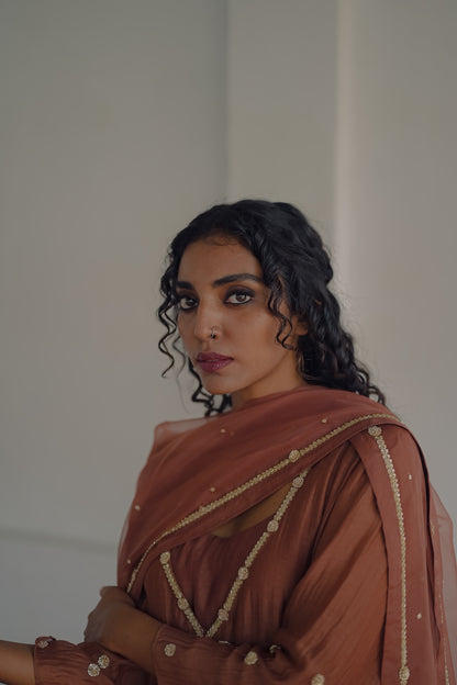 Brown Chanderi and Organza Kurta  Set - Zuleiha