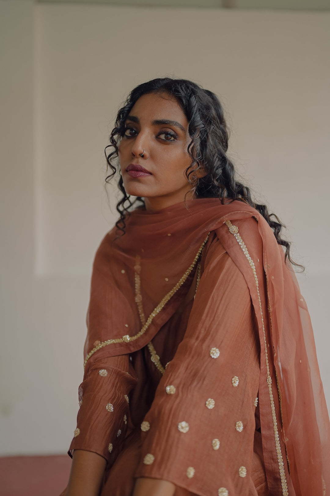 Brown Chanderi and Organza Kurta  Set - Zuleiha
