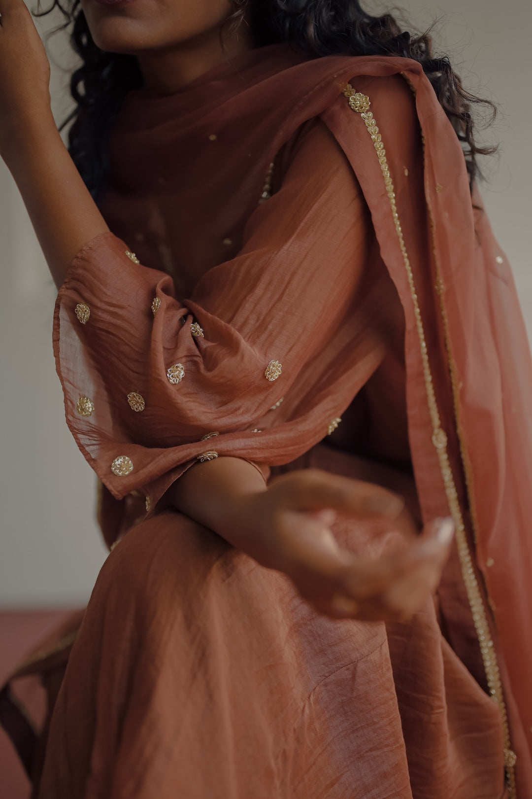 Brown Chanderi and Organza Kurta  Set - Zuleiha