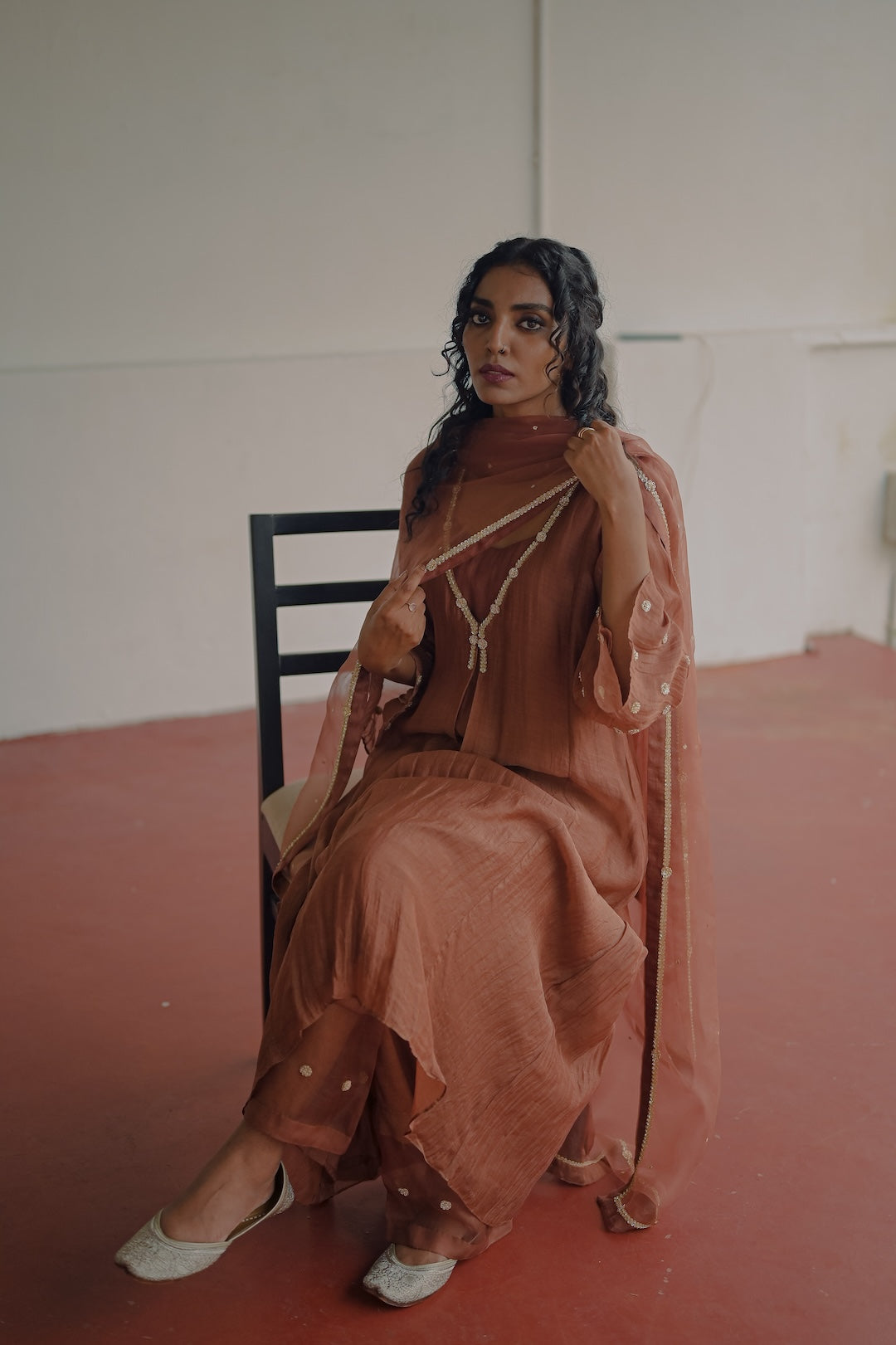 Brown Chanderi and Organza Kurta  Set - Zuleiha