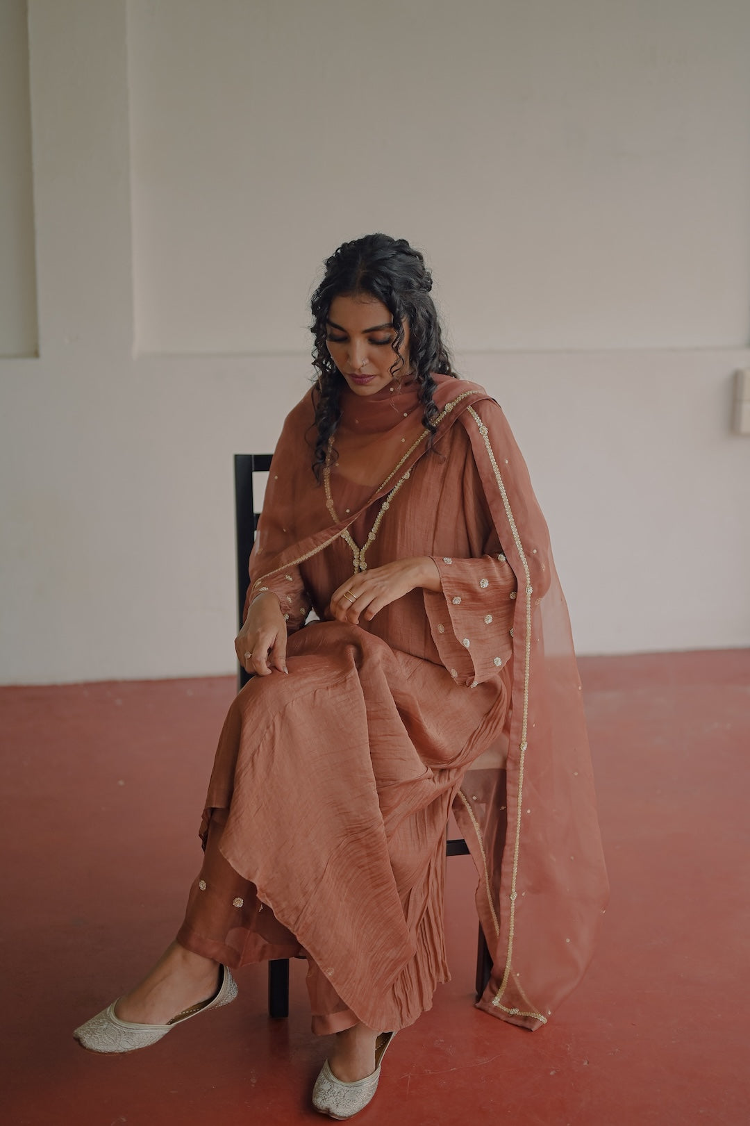 Brown Chanderi and Organza Kurta  Set - Zuleiha