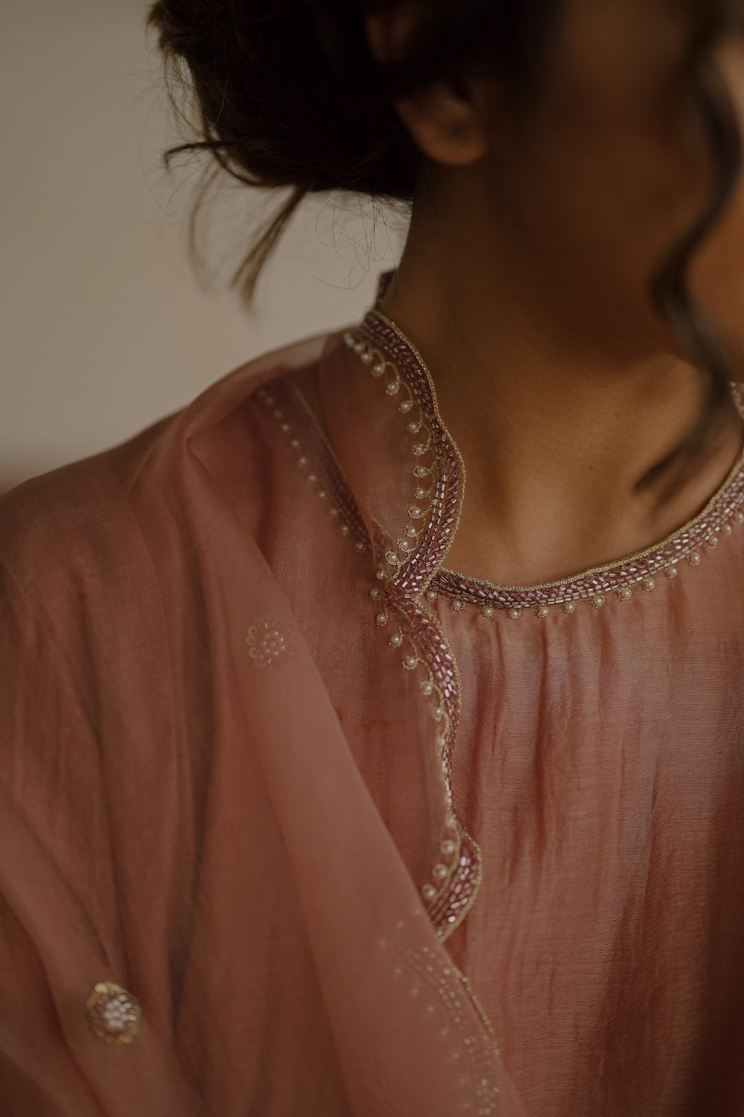 Mauve chanderi and Organza kurta set- Zuleiha