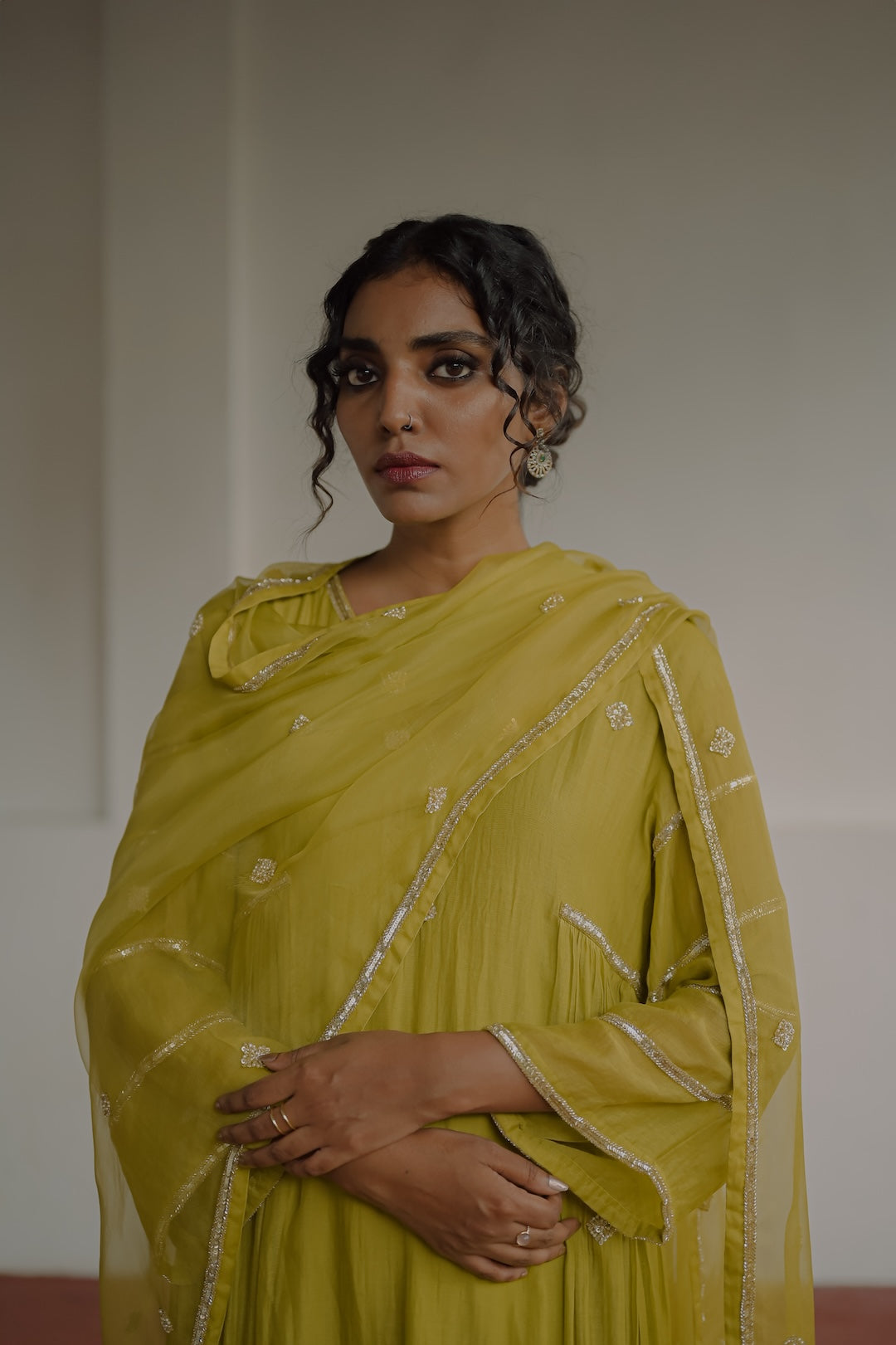 Olive Green Chanderi and Organza Kurti Set - Zuleiha
