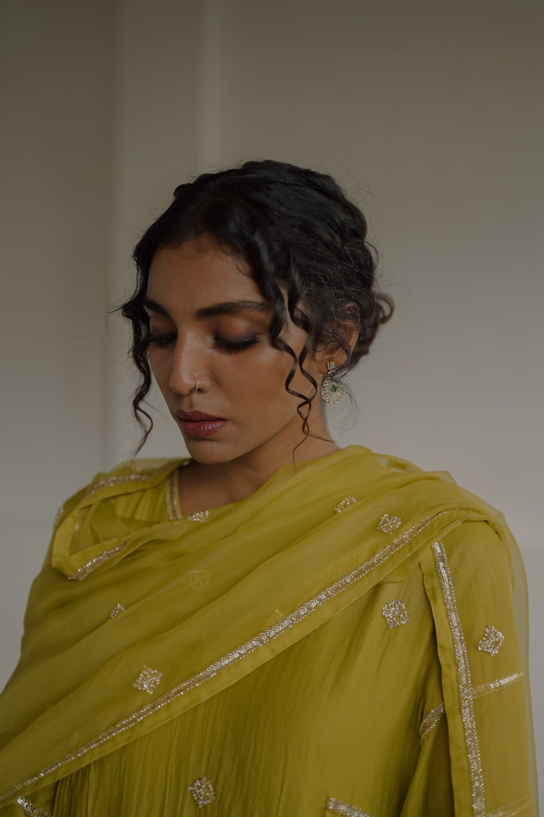Olive Green Chanderi and Organza Kurti Set - Zuleiha