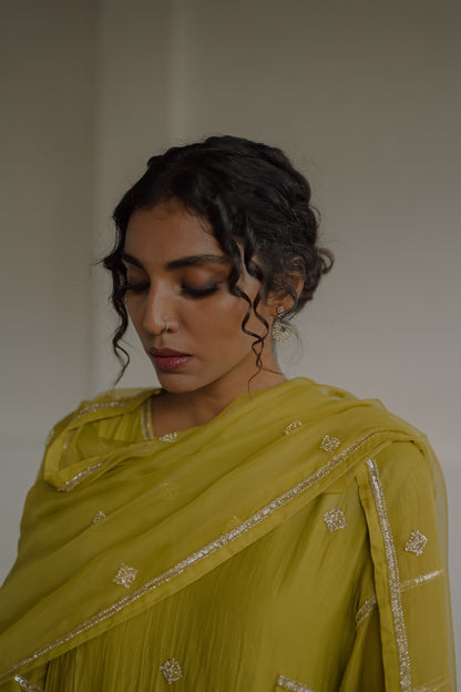 Olive Green Chanderi and Organza Kurti Set - Zuleiha