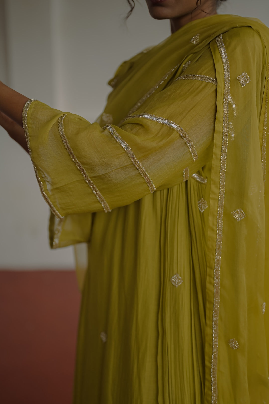 Olive Green Chanderi and Organza Kurti Set - Zuleiha