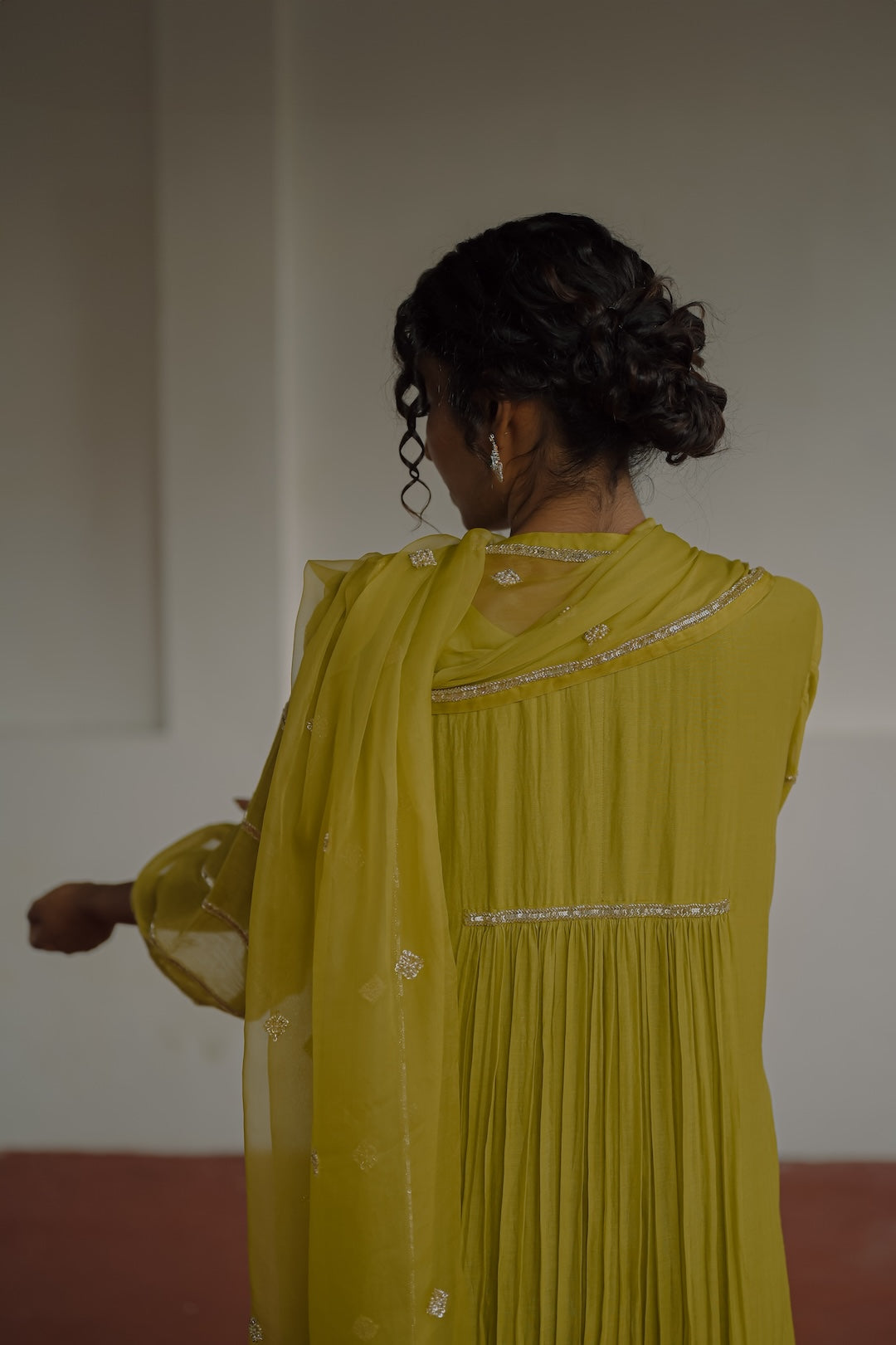 Olive Green Chanderi and Organza Kurti Set - Zuleiha