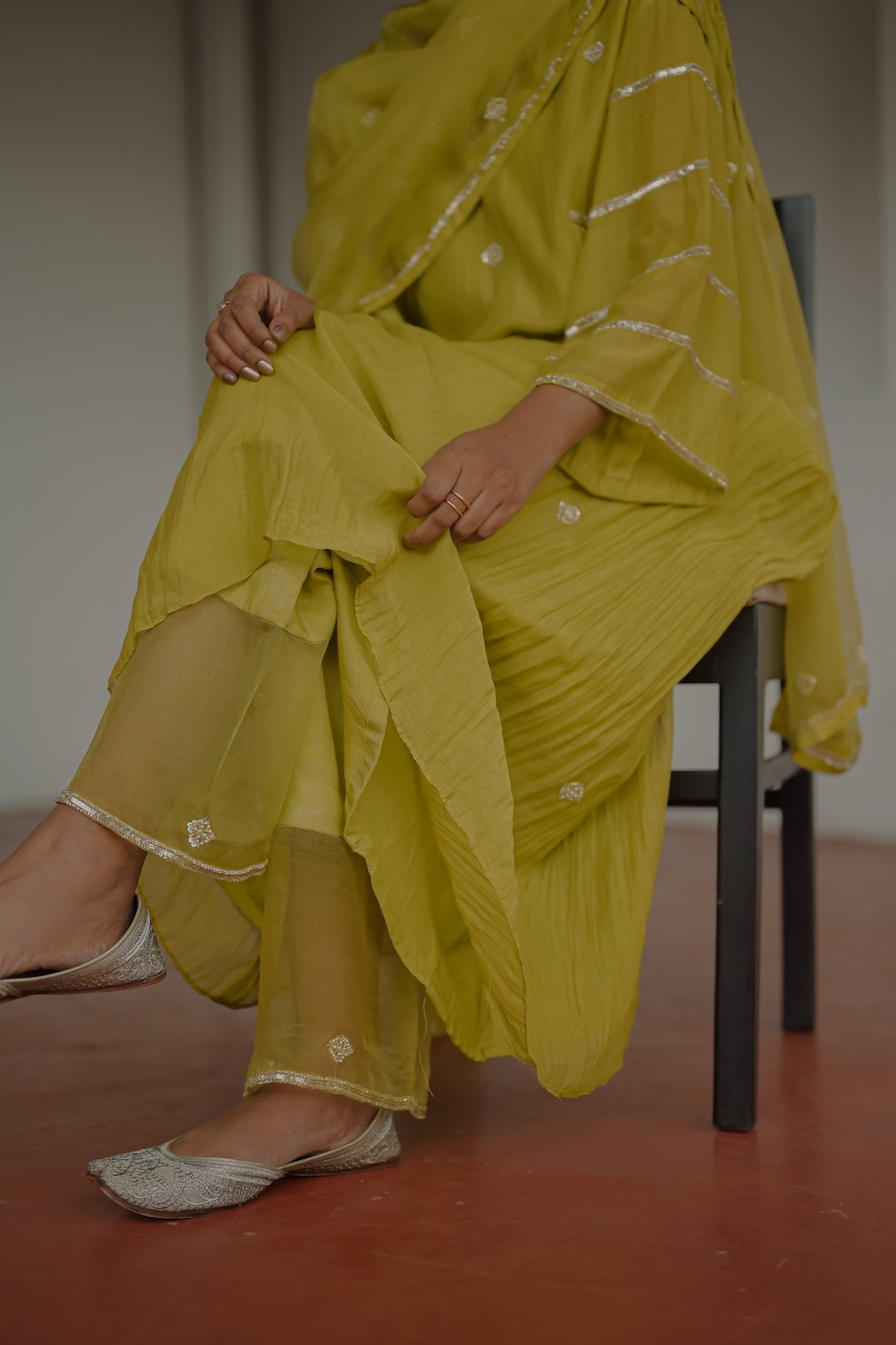 Olive Green Chanderi and Organza Kurti Set - Zuleiha