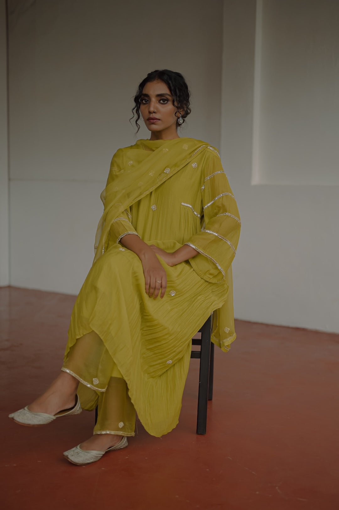 Olive Green Chanderi and Organza Kurti Set - Zuleiha