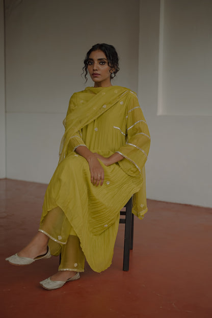 Olive Green Chanderi and Organza Kurti Set - Zuleiha