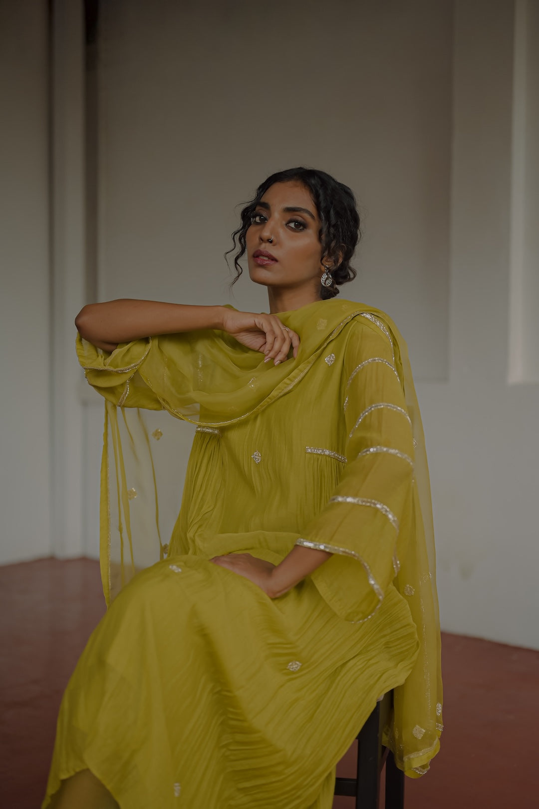 Olive Green Chanderi and Organza Kurti Set - Zuleiha