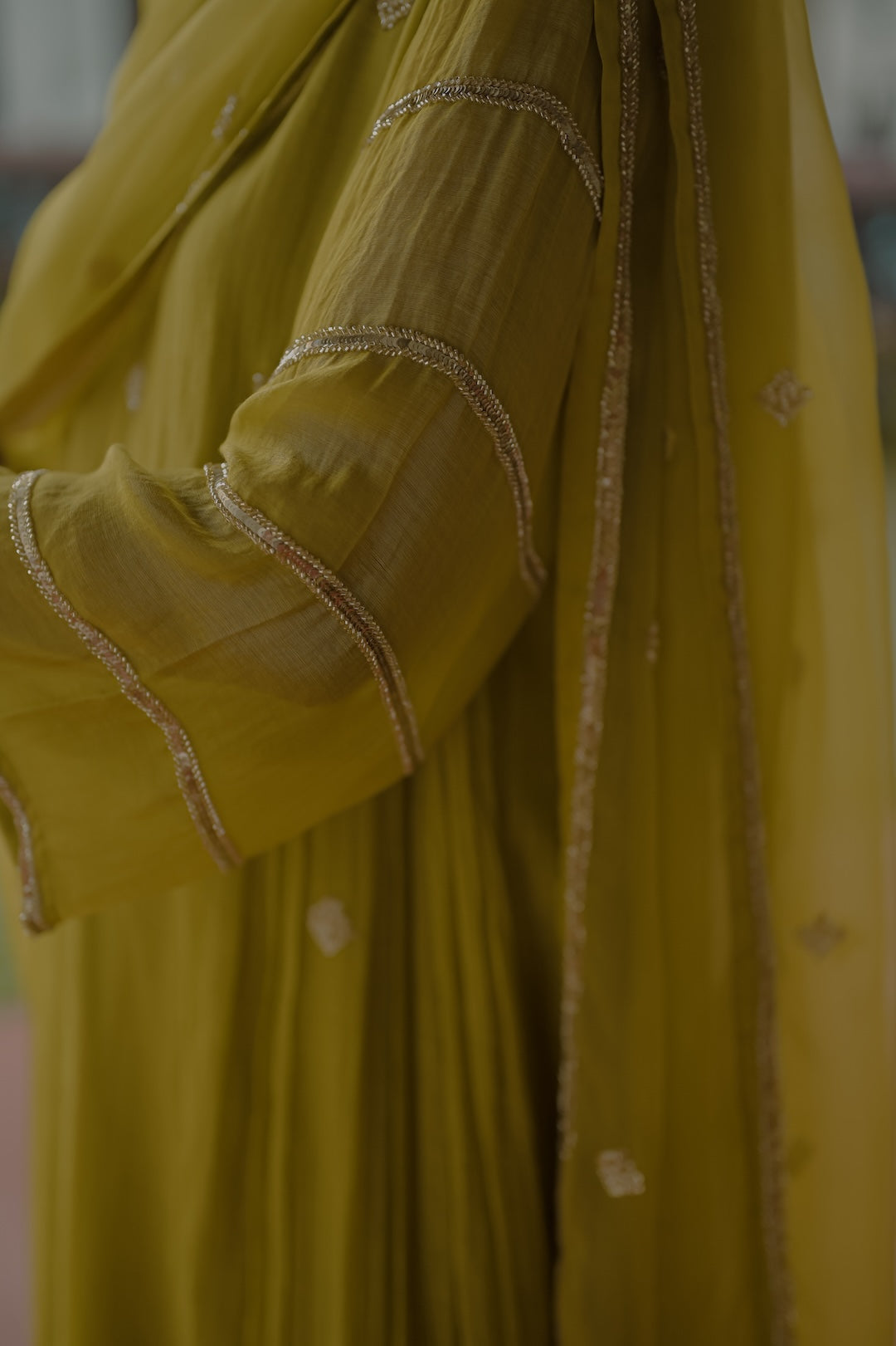 Olive Green Chanderi and Organza Kurti Set - Zuleiha