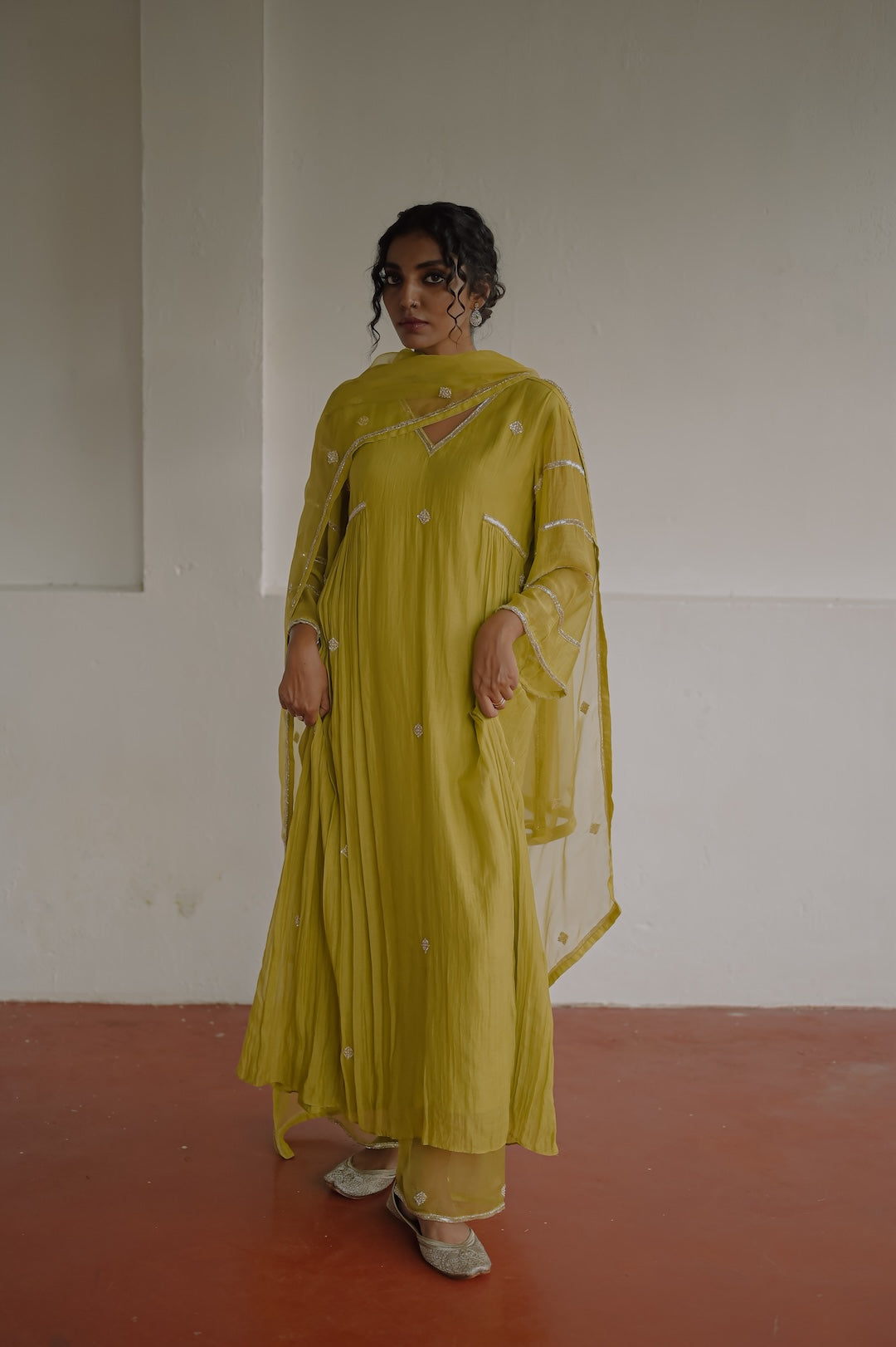 Olive Green Chanderi and Organza Kurti Set - Zuleiha