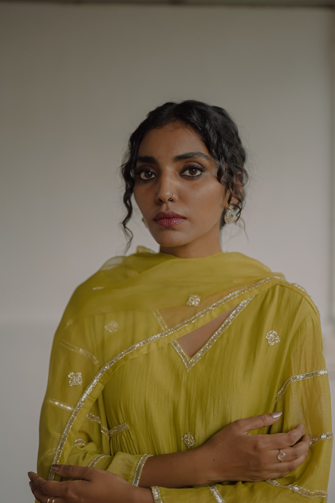 Olive Green Chanderi and Organza Kurti Set - Zuleiha