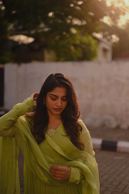 Sona Olickal in lemon green Chanderi and Organza Kurti Set