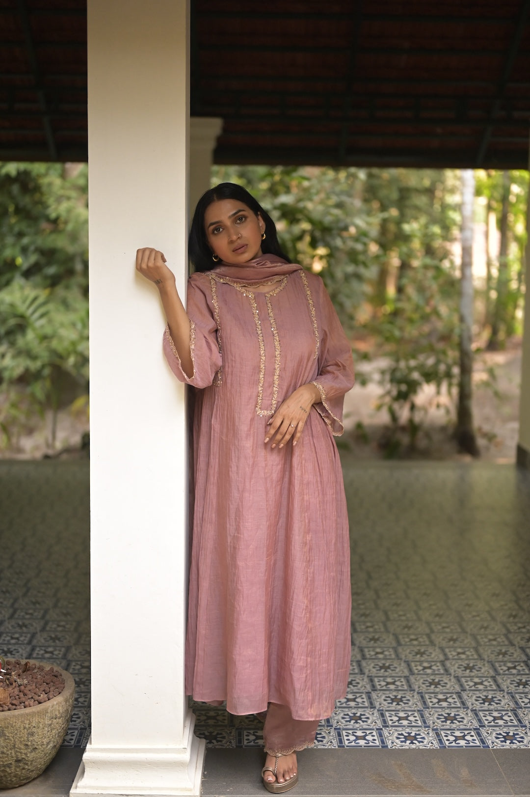 Mauve Chanderi Tissue Kurta Set - Zuleiha