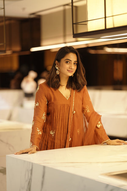 Golden Brown Chanderi and Organza Kurta Set - Zuleiha