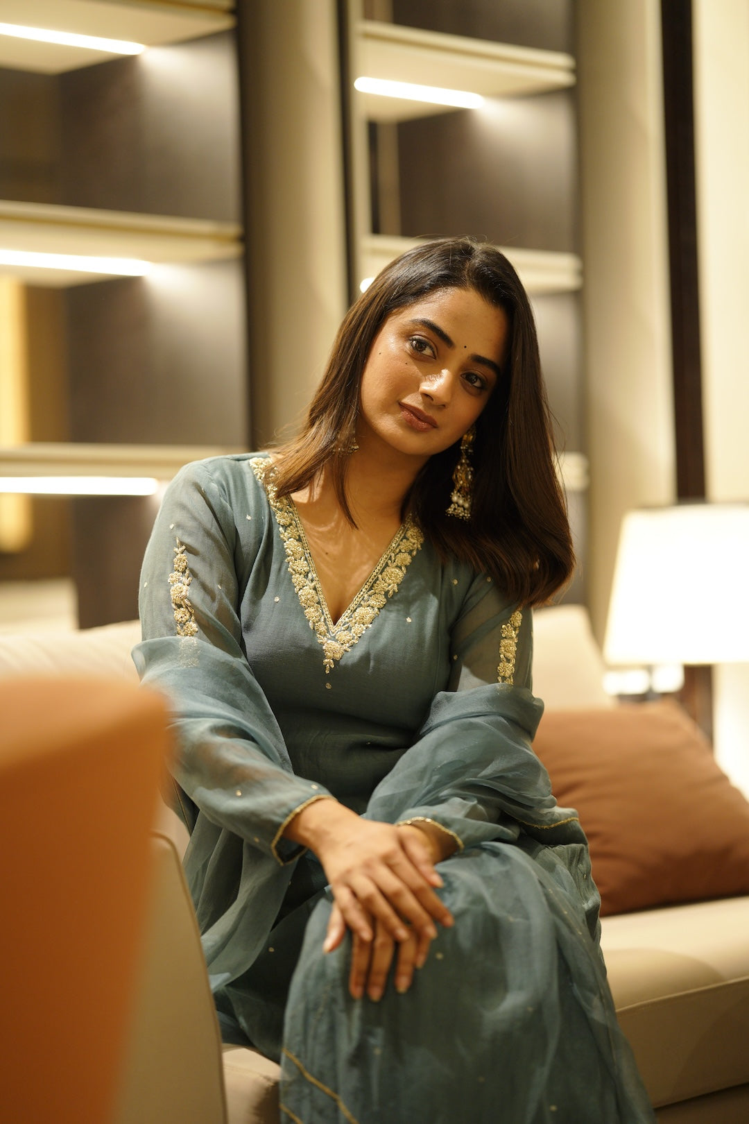 Peacock Blue Chanderi and Organza Kurta Set - Zuleiha