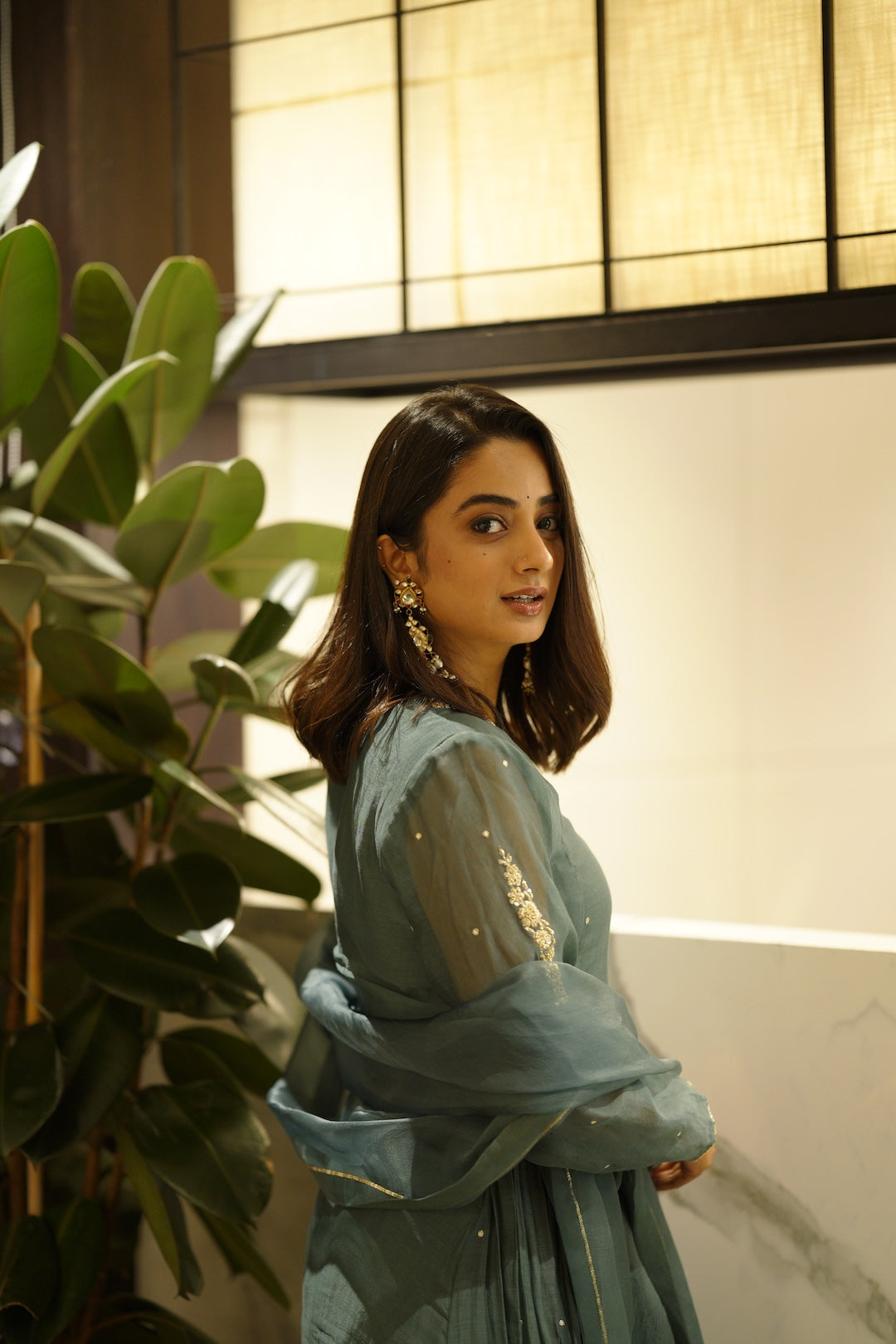 Namitha Pramod in Peacock blue chanderi and Organza kurti set