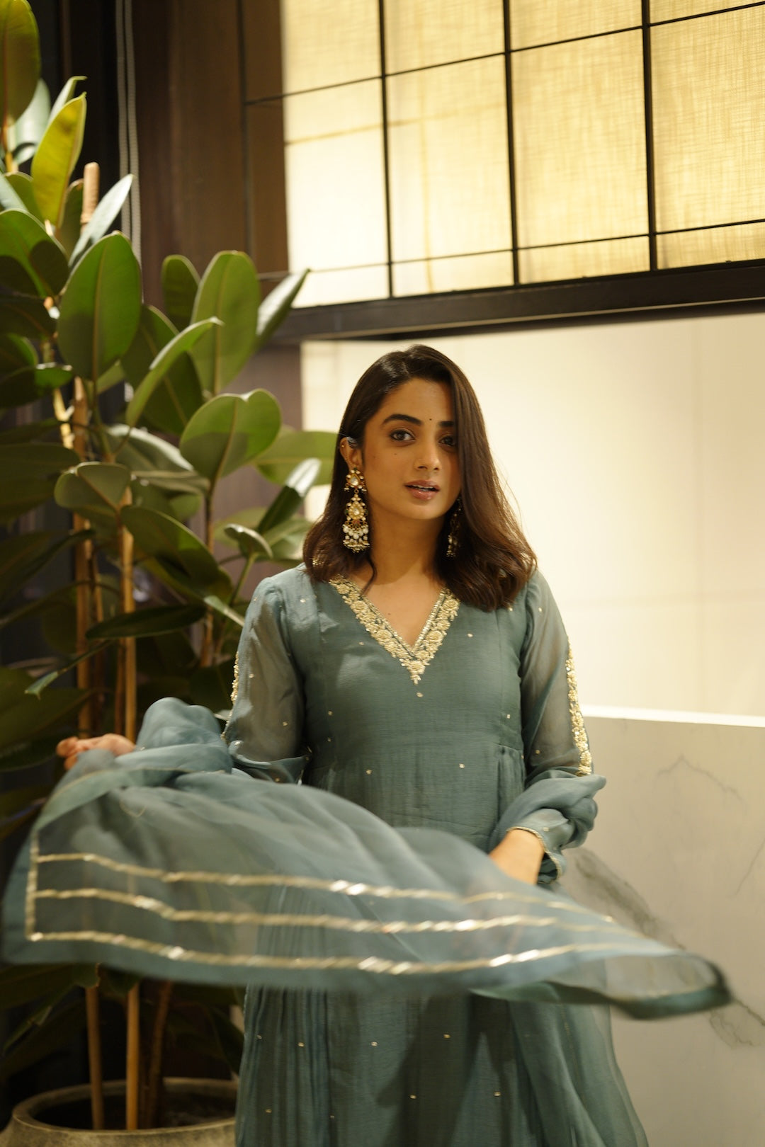 Namitha Pramod in Peacock blue chanderi and Organza kurti set