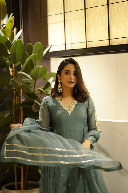 Namitha Pramod in Peacock blue chanderi and Organza kurti set
