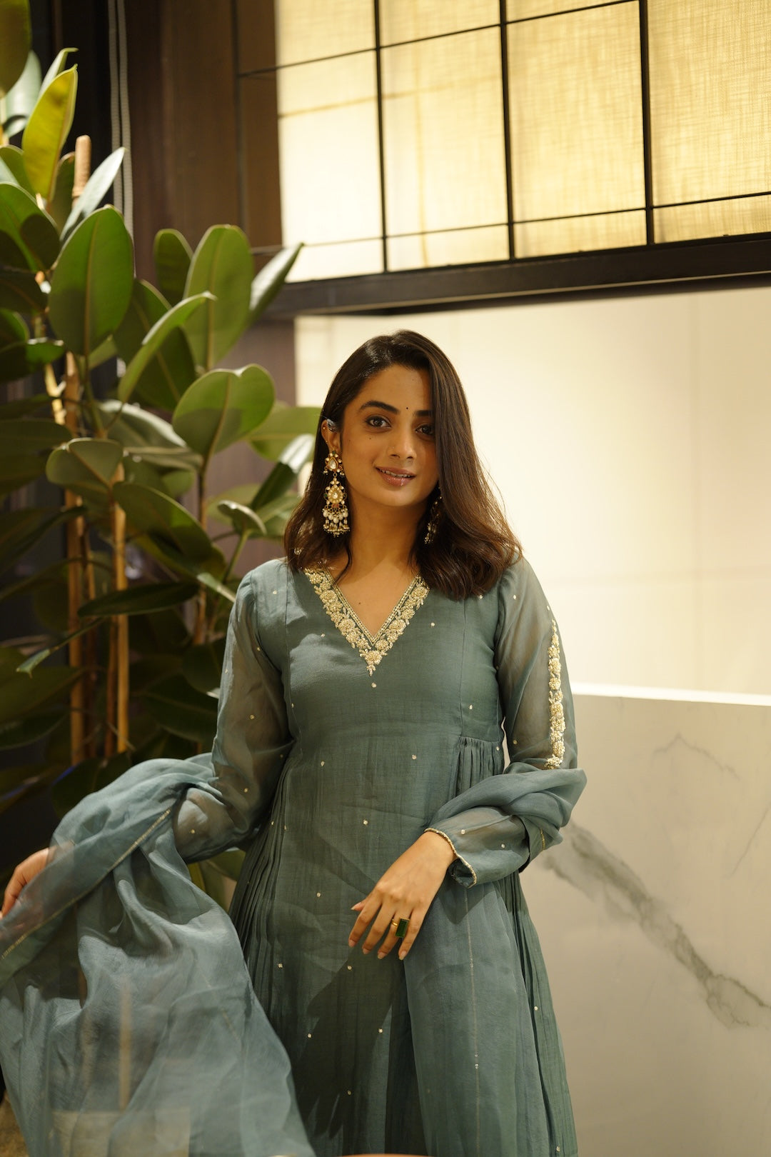 Peacock Blue Chanderi and Organza Kurta Set - Zuleiha