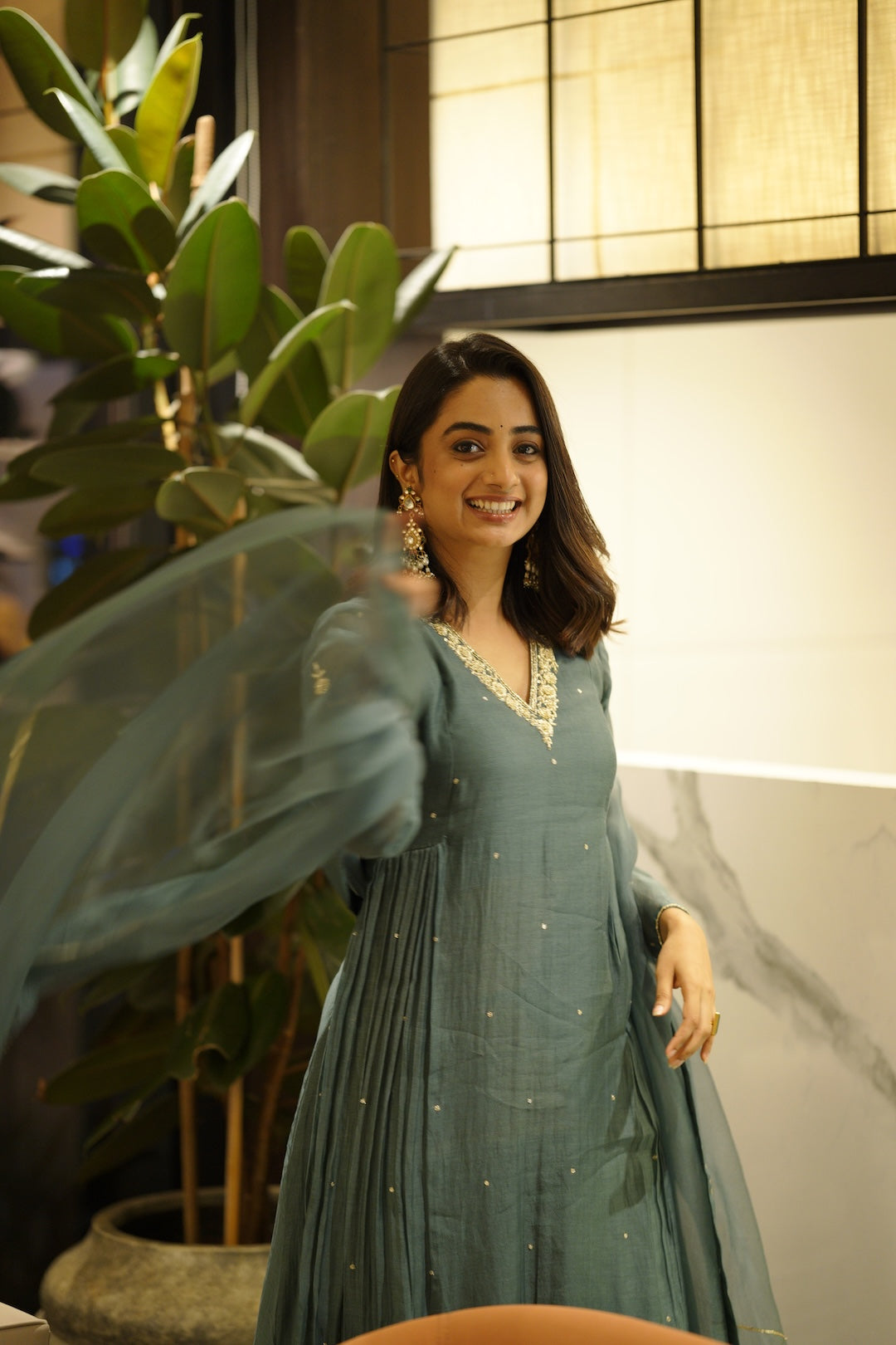 Namitha Pramod in Peacock blue chanderi and Organza kurti set