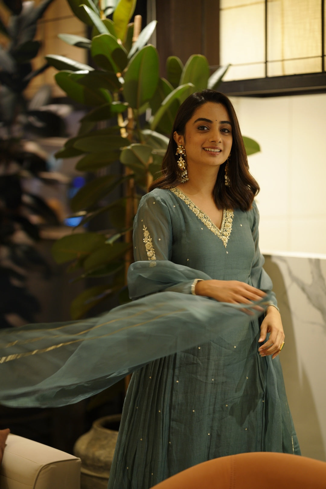 Namitha Pramod in Peacock blue chanderi and Organza kurti set