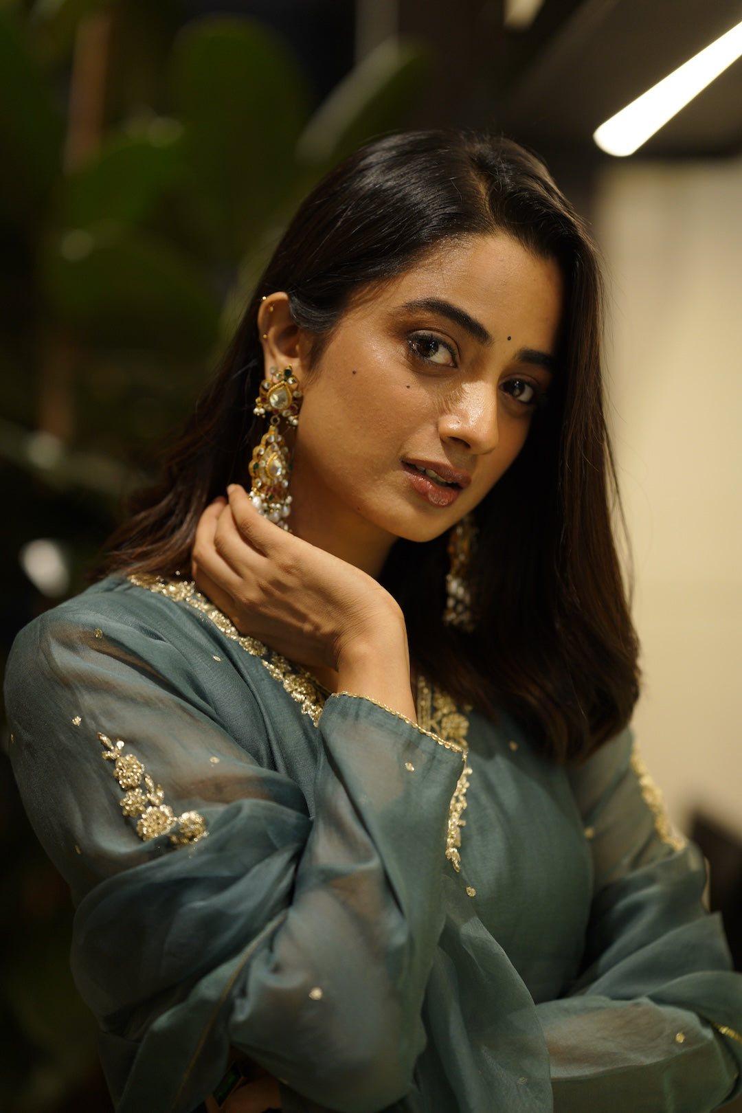 Namitha Pramod in Peacock blue chanderi and Organza kurti set