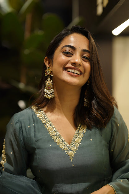Namitha Pramod in Peacock blue chanderi and Organza kurti set