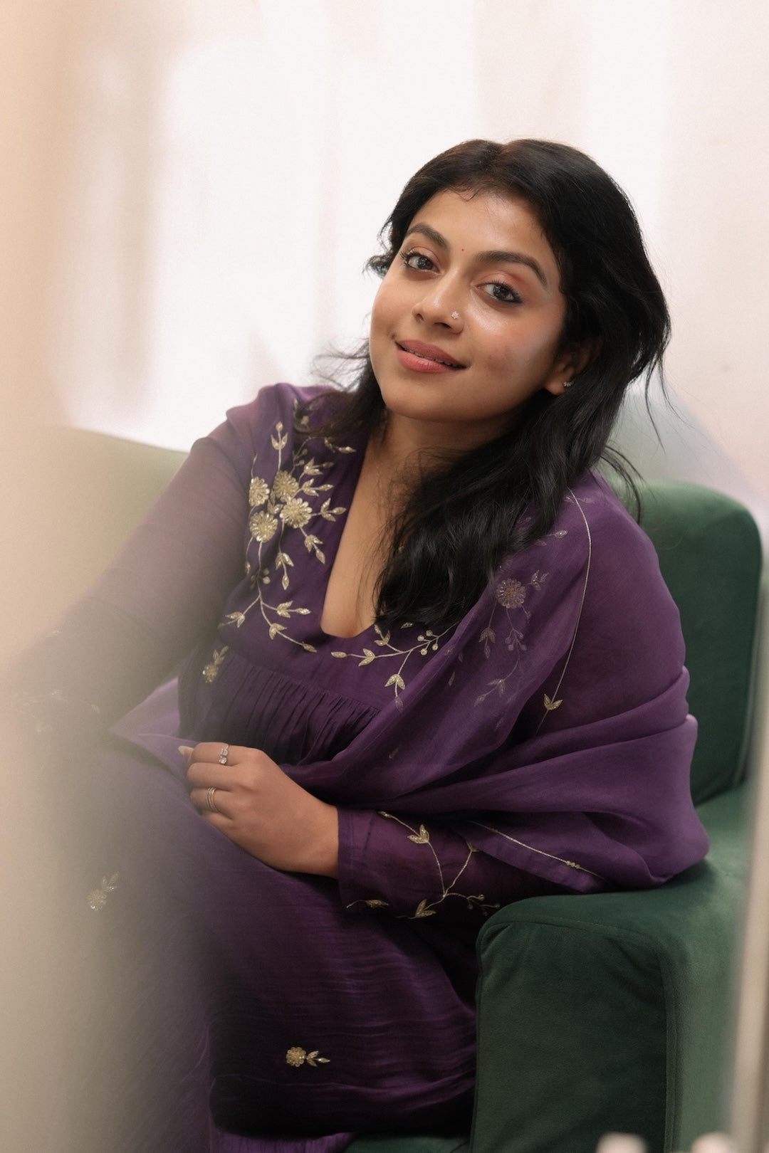 Shruthi Ramachandran in Zuleiha purple Chanderi handworked Kurti set