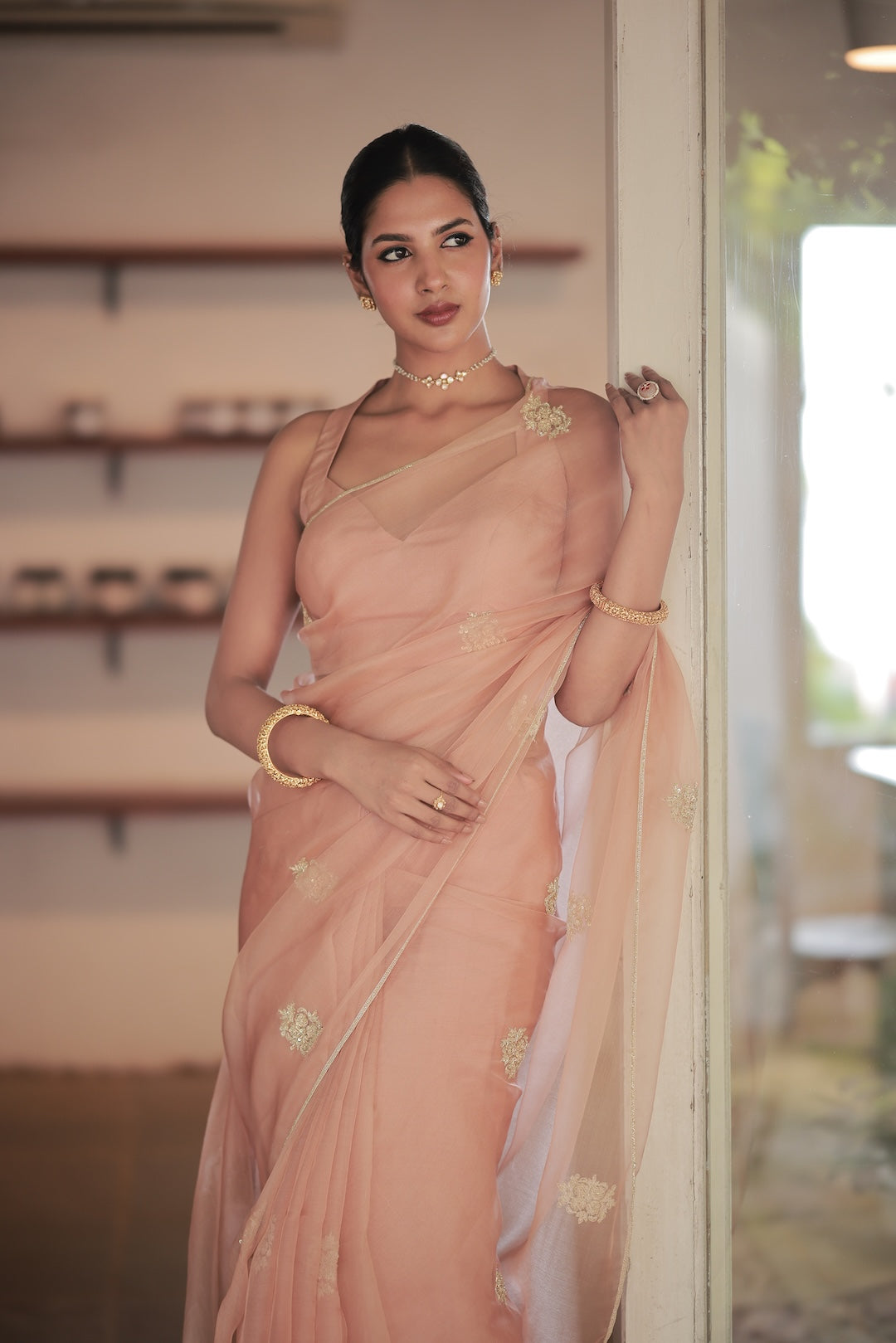 Peach Organza Saree - Zuleiha