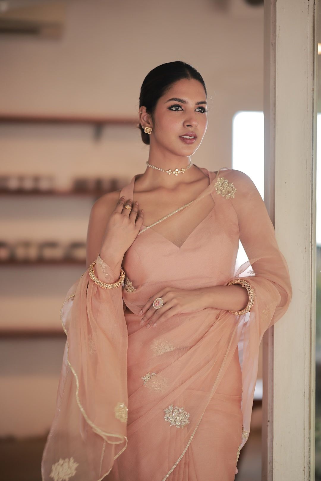 Peach Organza Saree - Zuleiha