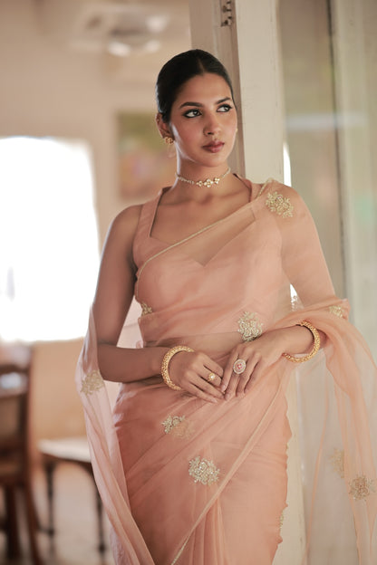 Peach Organza Saree - Zuleiha